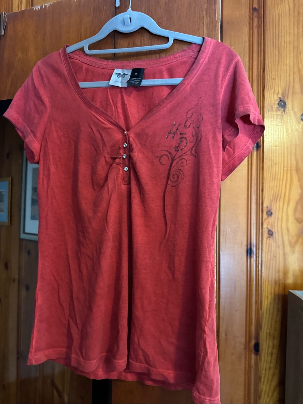 Harley-Davidson Burnt Red Short Sleeve V-Neck Top with Stud Accents